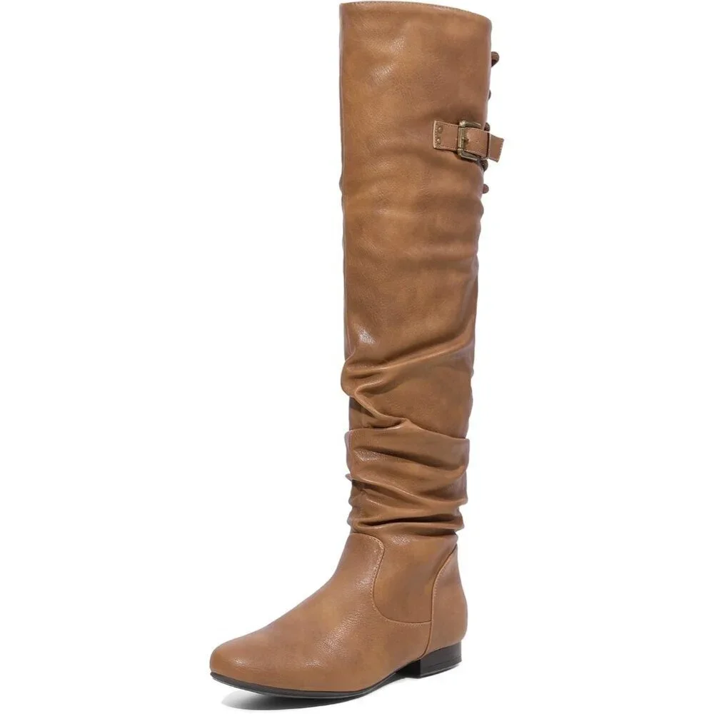 Women's Camel Suede Over The Knee Thigh High Comfortable Low Heel Winter Boots